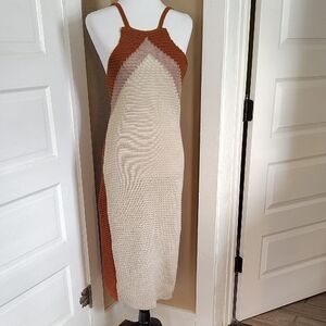 Pup + Petal Zeri Geometric Crochet Cream Brown & Pink Long Midi Knit Dress